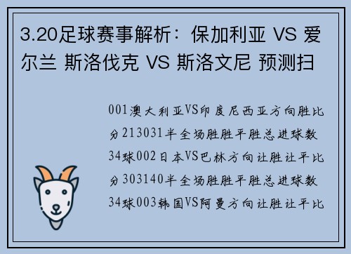 3.20足球赛事解析：保加利亚 VS 爱尔兰 斯洛伐克 VS 斯洛文尼 预测扫盘